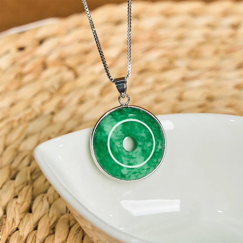 Buddha Stones Natural Cyan Jade Peace Buckle Healing Luck Necklace Pendant
