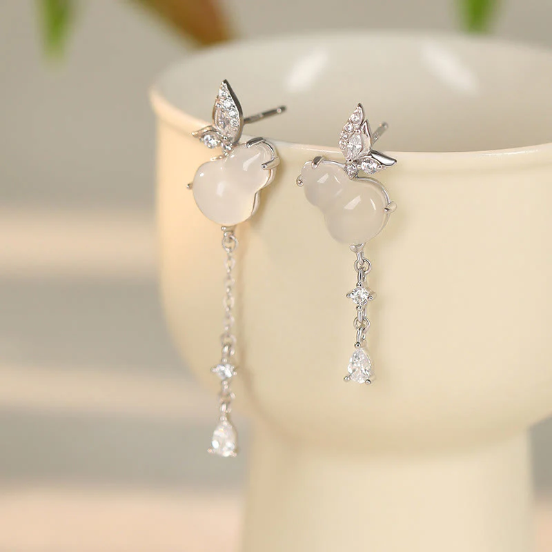 Buddha Stones Hetian Jade Magnolia Chalcedony 925 Sterling Silver Butterfly Gourd Luck Earrings