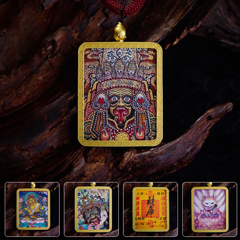Buddha Stones Tibetan Zakiram Nine Tailed Fox Yellow God of Wealth Painted Thangka Hope Necklace Pendant