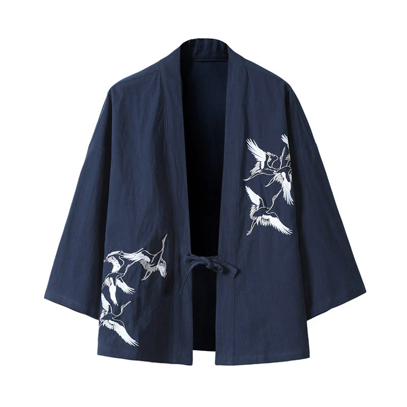 Buddha Stones Embroidery Flying White Cranes Cotton Linen Open Front Jacket Men's Kimono
