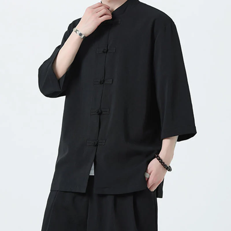 Buddha Stones 2Pcs Solid Frog-Button Three Quarter Sleeve Shirt Pants Men's Set