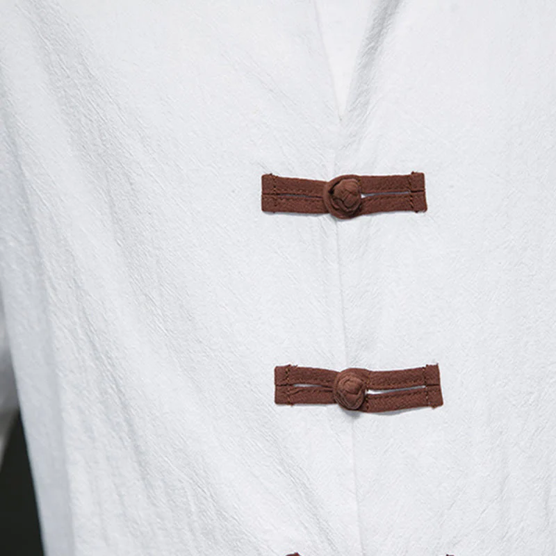 Buddha Stones Men's Stand Collar Frog-button Cotton Linen Long Sleeve Shirt With Pockets