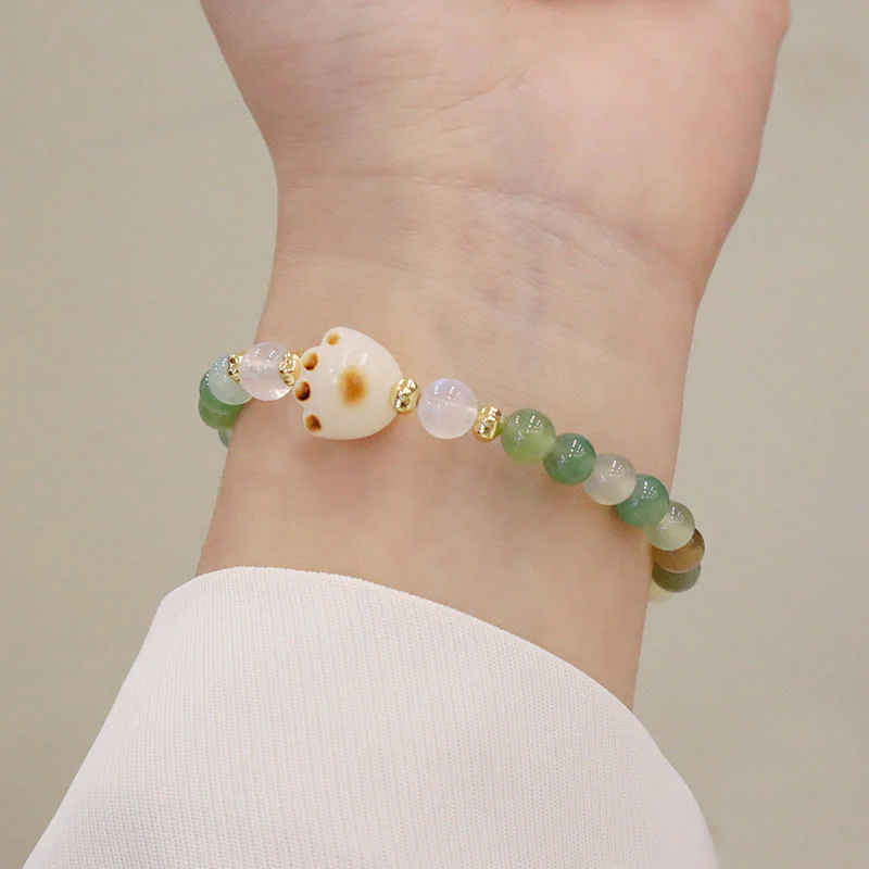 Buddha Stones Green Agate Sun Stone Cat's Eye Bodhi Seed Cat Paw Support Bracelet