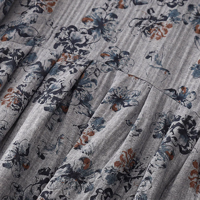 Buddha Stones Casual Small Floral Pattern Crew Neck Cotton Linen Midi Dress With Pockets