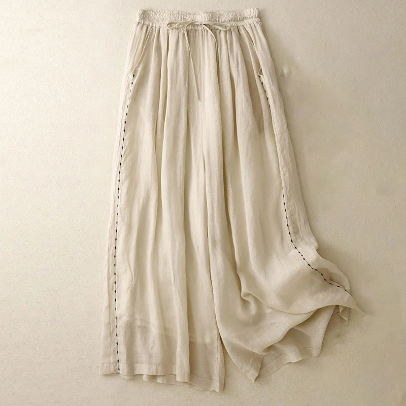 Buddha Stones Commute Solid Color Embroidery Drawstring Women's Wide Leg Ankle-Length Cotton Pants With Pockets