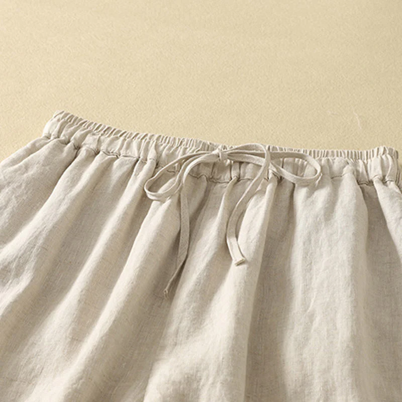 Buddha Stones Casual Retro Drawstring Embroidery Design Women's Cotton Linen 7-8 Length Pants With Pockets