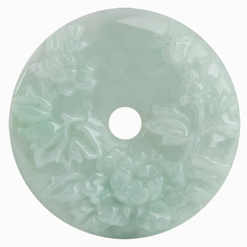 Buddha Stones Round Jade Peace Buckle Peony Flower Abundance Necklace Pendant
