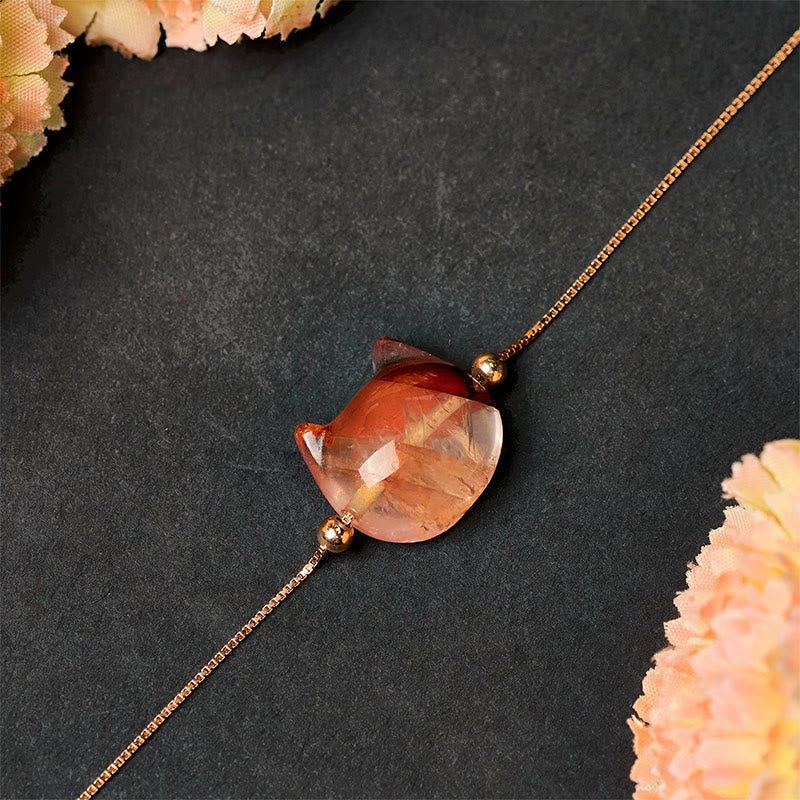 Buddha Stones 925 Sterling Silver Cat Head Natural Red Flower Quartz Protection Necklace Pendant