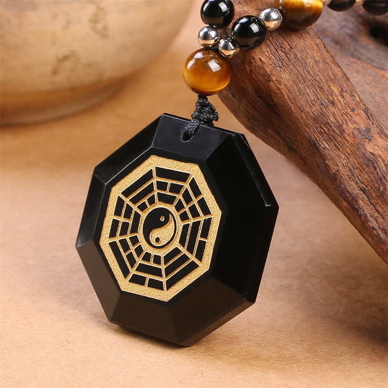 Buddha Stones Bagua Yin Yang Black Obsidian Purification Beaded Necklace Pendant