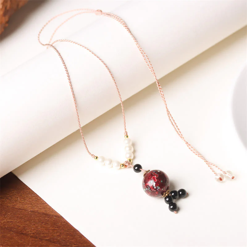 Buddha Stones Ebony Wood Aurora Lacquer Craft Bead Pearl Balance Necklace Pendant