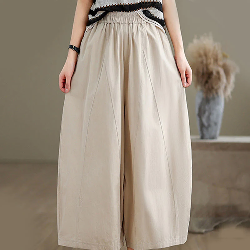 Buddha Stones Casual Plain Cotton Women's 7-8 Length Wide Leg Pants With Pockets