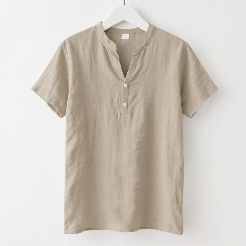 Buddha Stones Solid Summer Short Sleeve Half Buttons Linen Men's Shirt