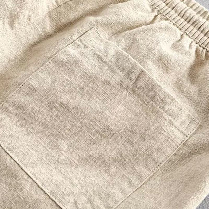 Buddha Stones Drawstring Elastic Waist Cotton Linen Men's Shorts With Pockets