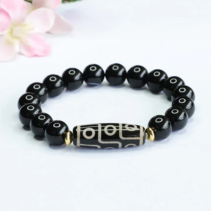 Buddha Stones Tibetan Nine-Eye Dzi Bead Black Onyx Power Bracelet