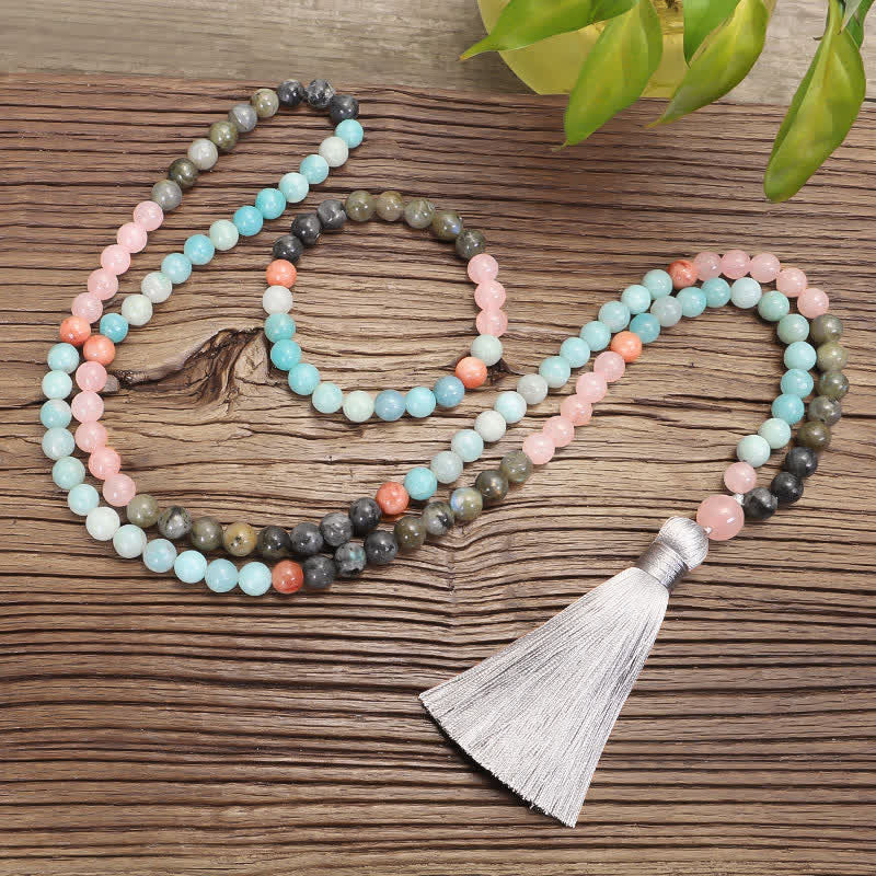 108 Mala Beads Amazonite Black Glitter Stone Positive Tassel Bracelet (Extra 30% Off | USE CODE: FS30)