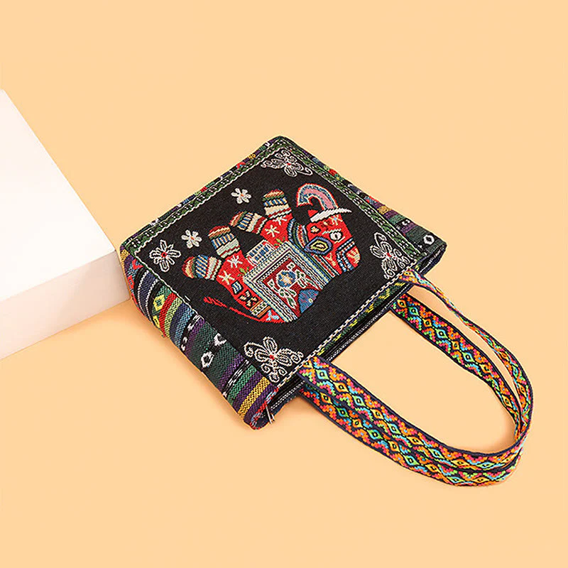 Buddha Stones Elephant Butterfly Embroidered Large Capacity Canvas Tote Bag Shoulder Bag