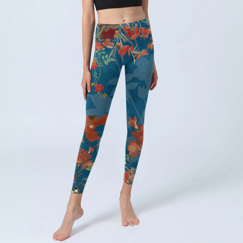 Buddha Stones Blue Red Flowers Birds Print Gym Leggings Women's Yoga Pants
