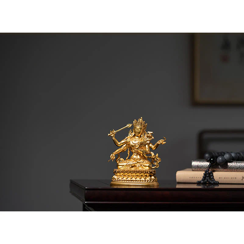 Buddha Stones Four-armed Manjusri Bodhisattva Gold Figurine Compassion Serenity Copper Statue Home Decoration
