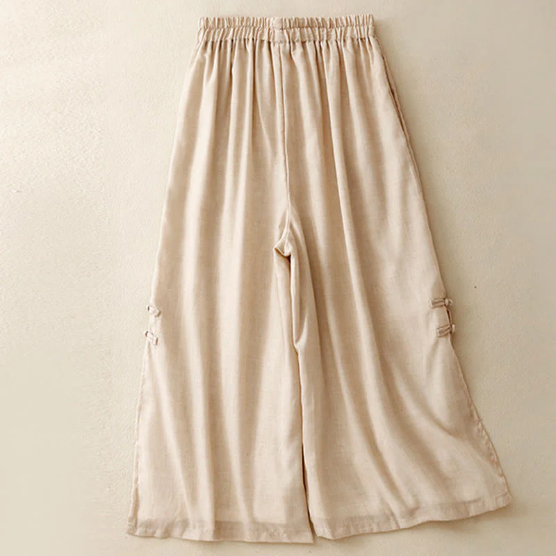 Buddha Stones Frog-Button Hem Slit Design Women's Wide Leg Cotton Linen Pants With Pockets