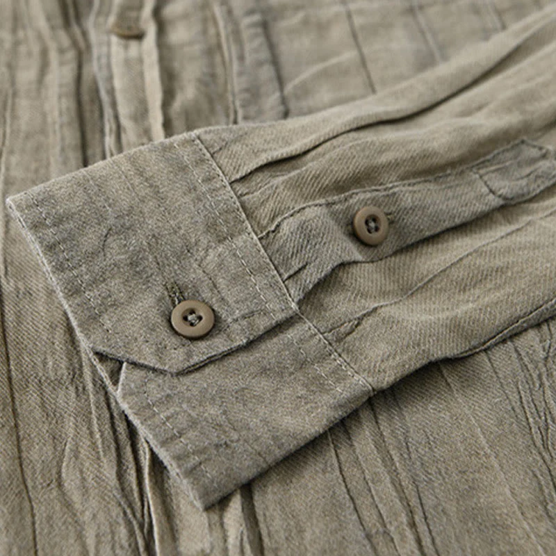 Buddha Stones Retro Pleats Buttons Men's Long Sleeve Ramie Linen Shirt With Pockets