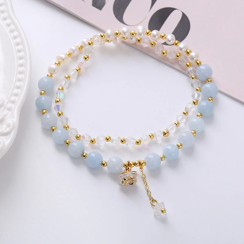 Buddha Stones Natural Amethyst Aquamarine Strawberry Quartz Pearl Peace Healing Double Wrap Bracelet