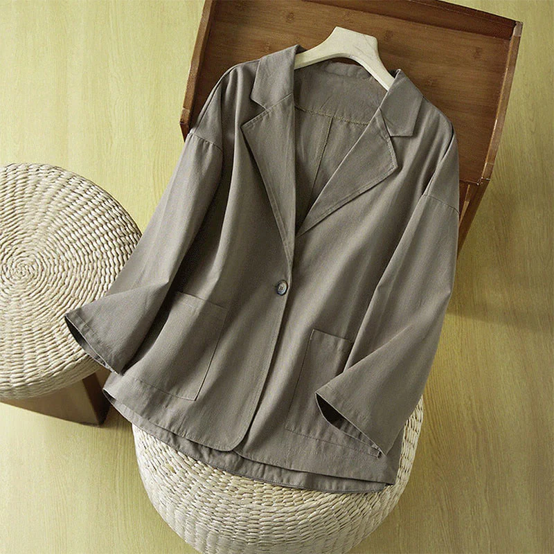 Buddha Stones Plain Button Women's Cotton Suit Jacket With Pockets