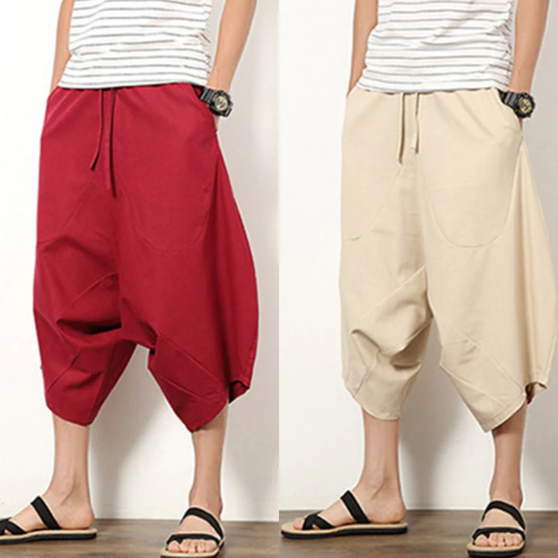 Buddha Stones Spring Plain Simple Patchwork Design Drawstring Cotton Linen Men's 7-8 Length Wide Leg Pants With Pockets