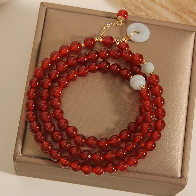 Buddha Stones Natural Red Agate Jade Peace Buckle Calm Triple Wrap Bracelet