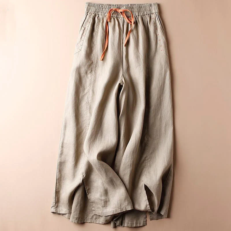 Buddha Stones Casual Cotton Slit Hem Women's 7-8 Length Wide Leg Pants With Pockets