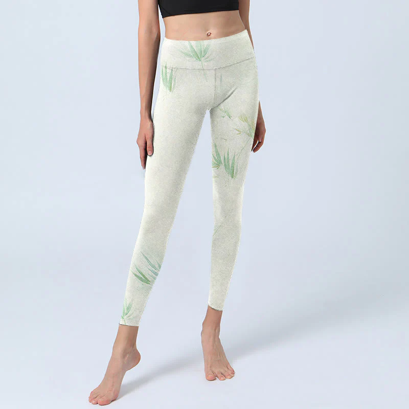 Buddha Stones Green Bamboo Leaves Print Sports Leggings Women's Yoga Pants