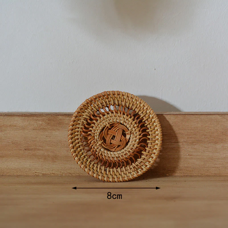 Buddha Stones Ceramic Flower Pattern Rattan Cup Mat Tea Cup Coaster