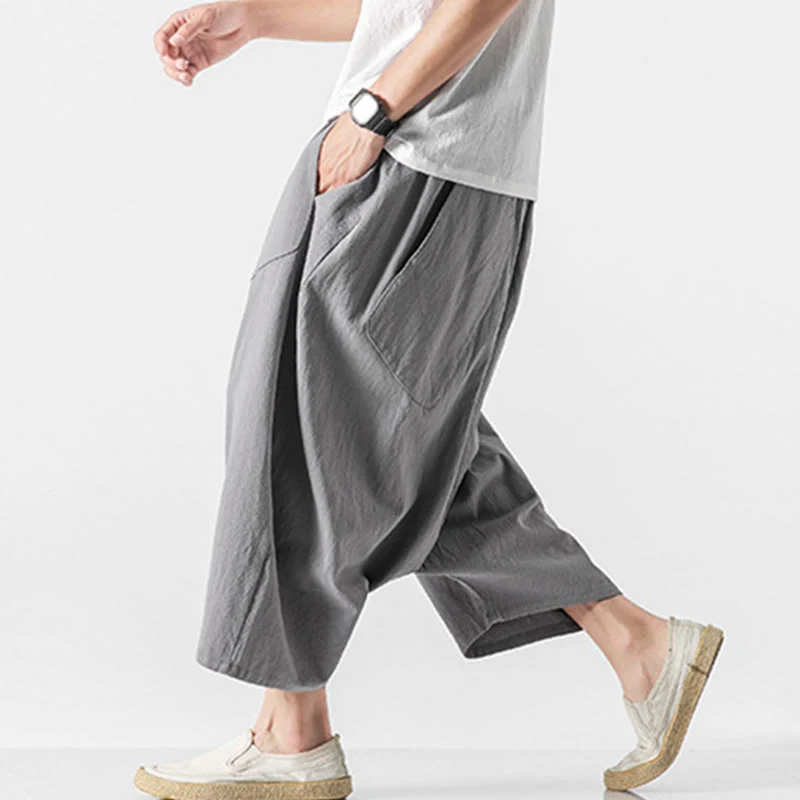Buddha Stones Casual Low Crotch Design Drawstring Men's 7-8 Length Cotton Linen Wide Leg Pants With Pockets