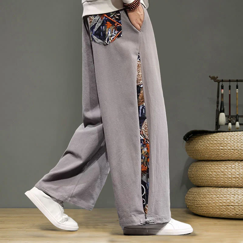 Buddha Stones Crane Embroidery Drawstring Men's Cotton Linen Wide Leg Pants With Pockets