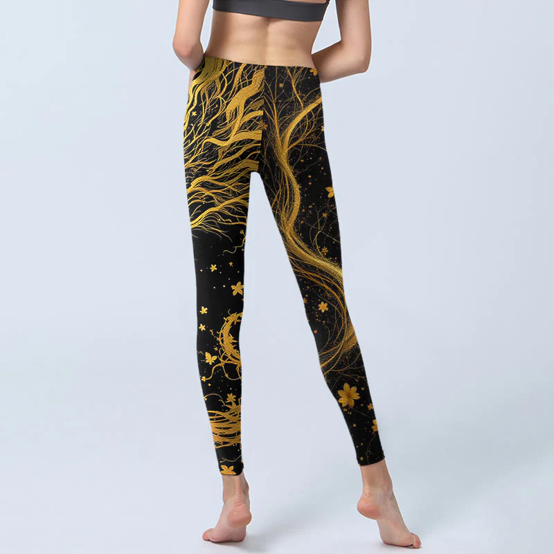 Buddha Stones Golden Dragon Pattern Print Gym Leggings Women's Yoga Pants