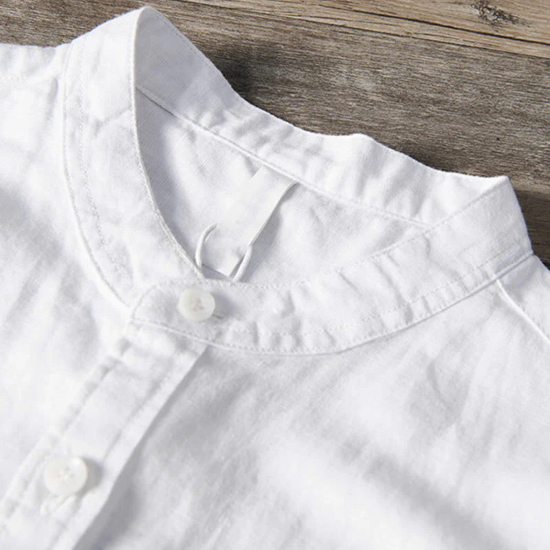 Buddha Stones Casual Daily Simple Buttons Design Stand Collar Men's Short Sleeve Cotton Linen Shirt With Front Pockets