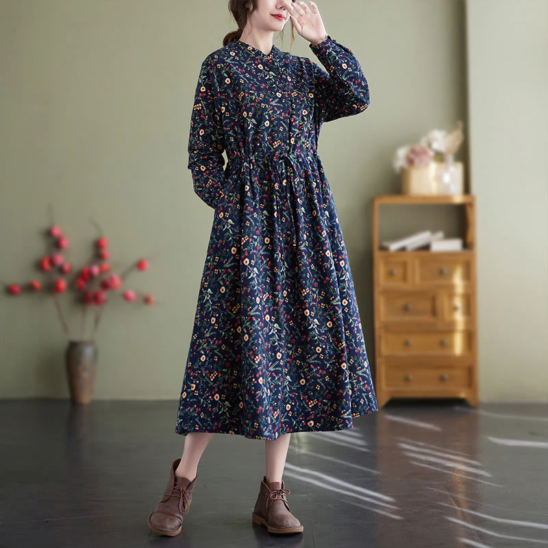 Buddha Stones Ethnic Printing Drawstring Long Sleeve Cotton Linen Midi Dress With Pockets