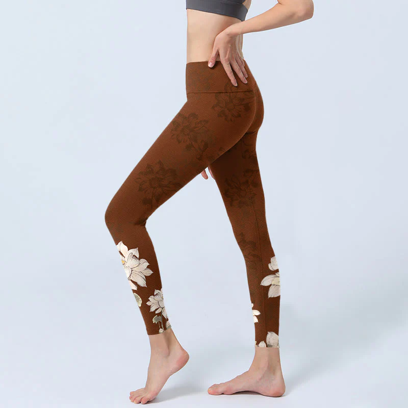 Buddha Stones Brown White Lotus Flower Print Gym Leggings Women's Yoga Pants