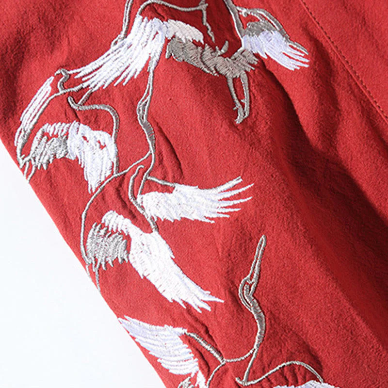 Buddha Stones Embroidery Flying White Cranes Cotton Linen Open Front Jacket Men's Kimono