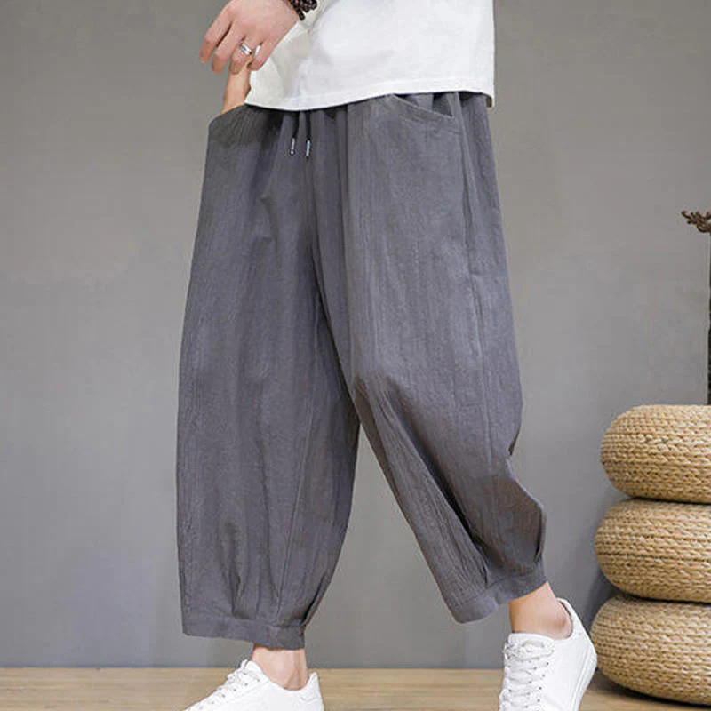 Buddha Stones Casual Plain Men's Cotton 7-8 Length Harem Pants With Pockets