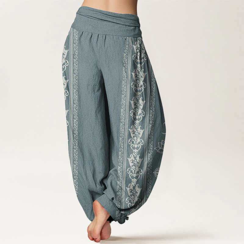 Buddha Stones Lotus Flowers Double Dorje Vajra Namaste Om Design Women's Elastic Waist Harem Pants