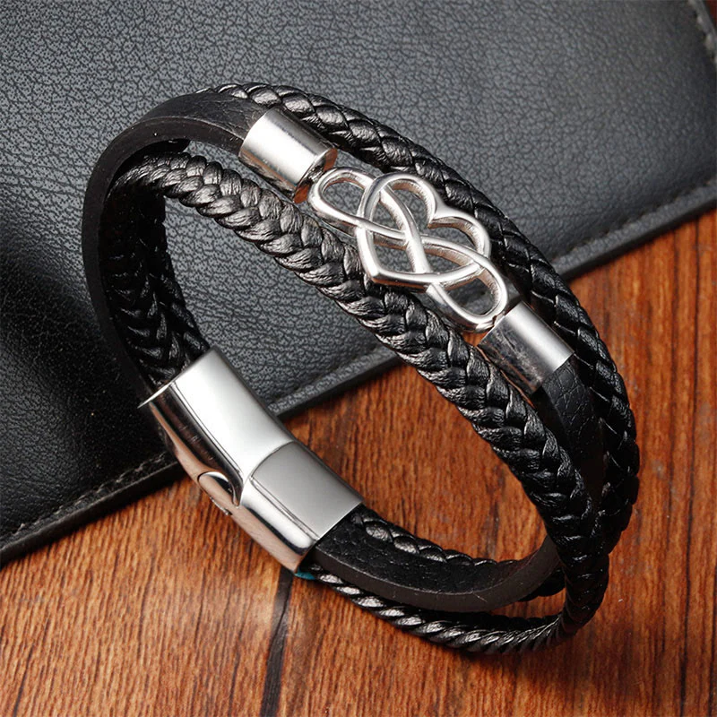 Buddha Stones Geometric Leather Titanium Steel Strengthen Buckle Bracelet