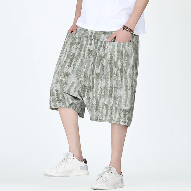 Buddha Stones Summer Stripes Cotton Linen Men's Capri Pants With Pockets