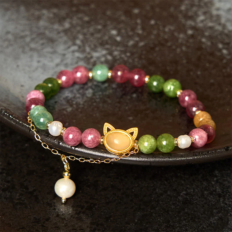 Buddha Stones Colorful Tourmaline Lucky Cat Positive Bracelet