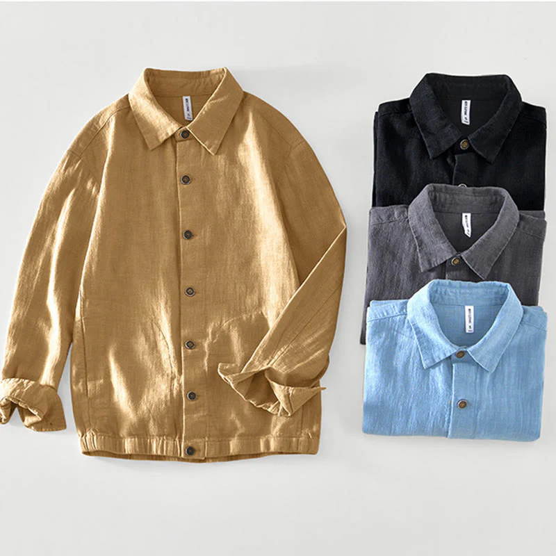 Buddha Stones Casual Plain Simple Buttons Design Men's Long Sleeve Ramie Linen Jacket With Pockets