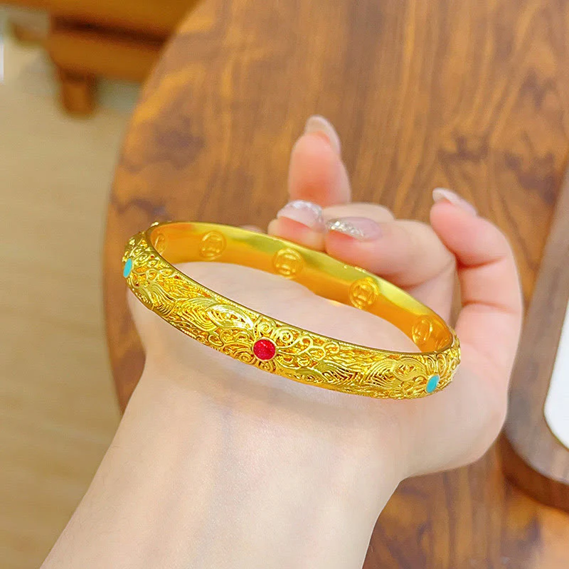 Buddha Stones Copper Plated Gold Flowers Leaves Luck Bracelet Bangle