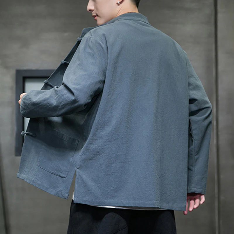 Buddha Stones Simple Frog-Button Chinese Tang Suit Cotton Men Jacket Shirt With Pockets