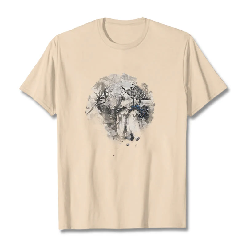 Buddha Stones Chinese Bamboo Mountain Pavilion Design Pattern Tee T-shirt