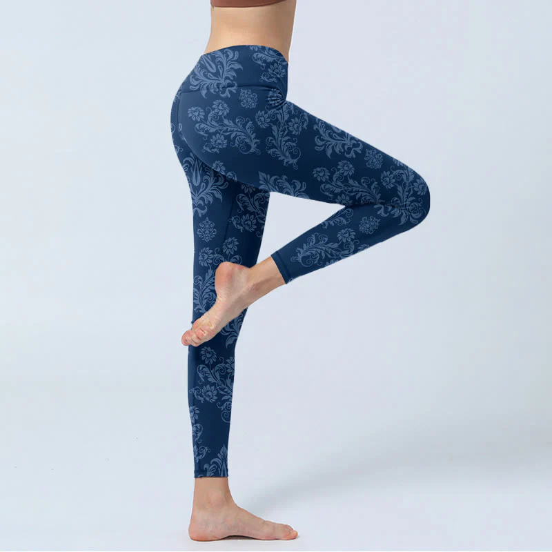 Buddha Stones Blue Floral Leaf Print Gym Leggings Women's Yoga Pants
