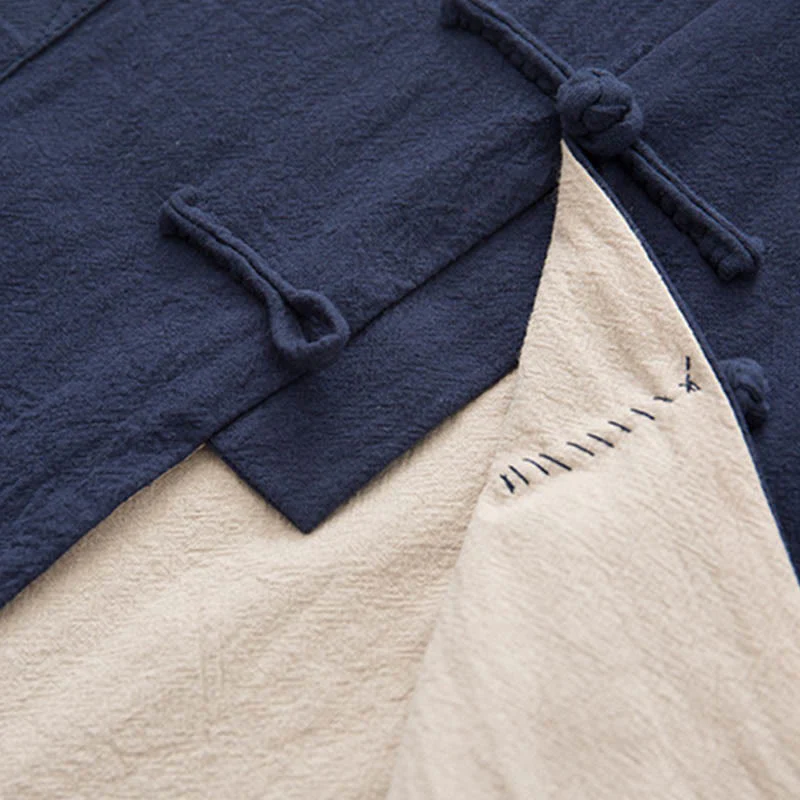 Buddha Stones 2Pcs Zen Tang Suit Men's Linen Frog-Button Long Sleeve Shirt Pants Set