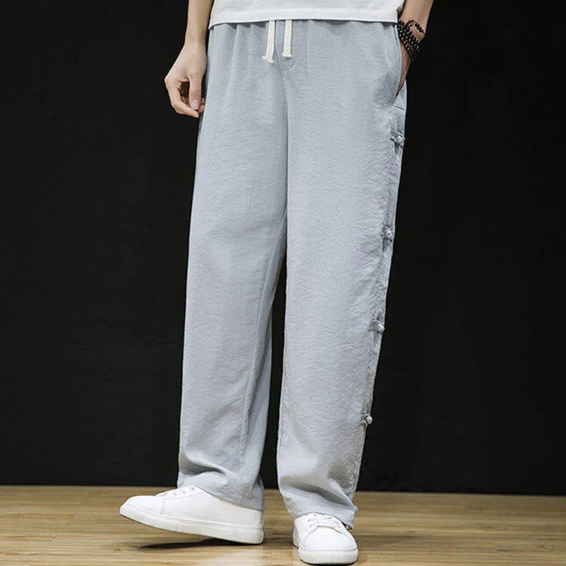 Buddha Stones Casual Patchwork Crane Pattern Frog-Button Design Men's Wide Leg Pants With Pockets